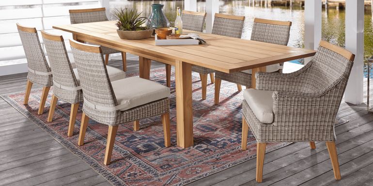Cindy Crawford Home Hamptons Cove Teak 9 Pc Rectangle Outdoor Dining Set with Linen Cushions