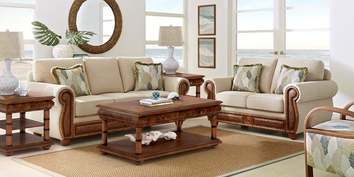 tan living room set with wooden frame