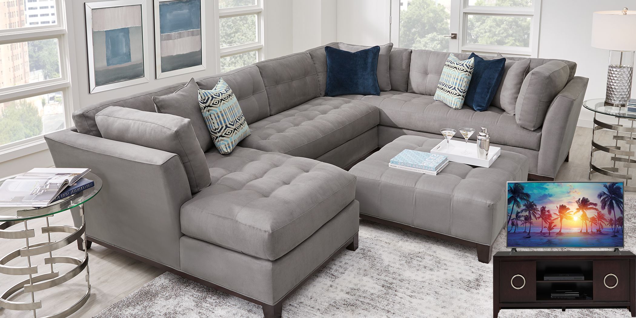 Cindy Crawford Home Metropolis Way Steel Microfiber 5 Pc Sectional Living Room Plus 70 in. TV