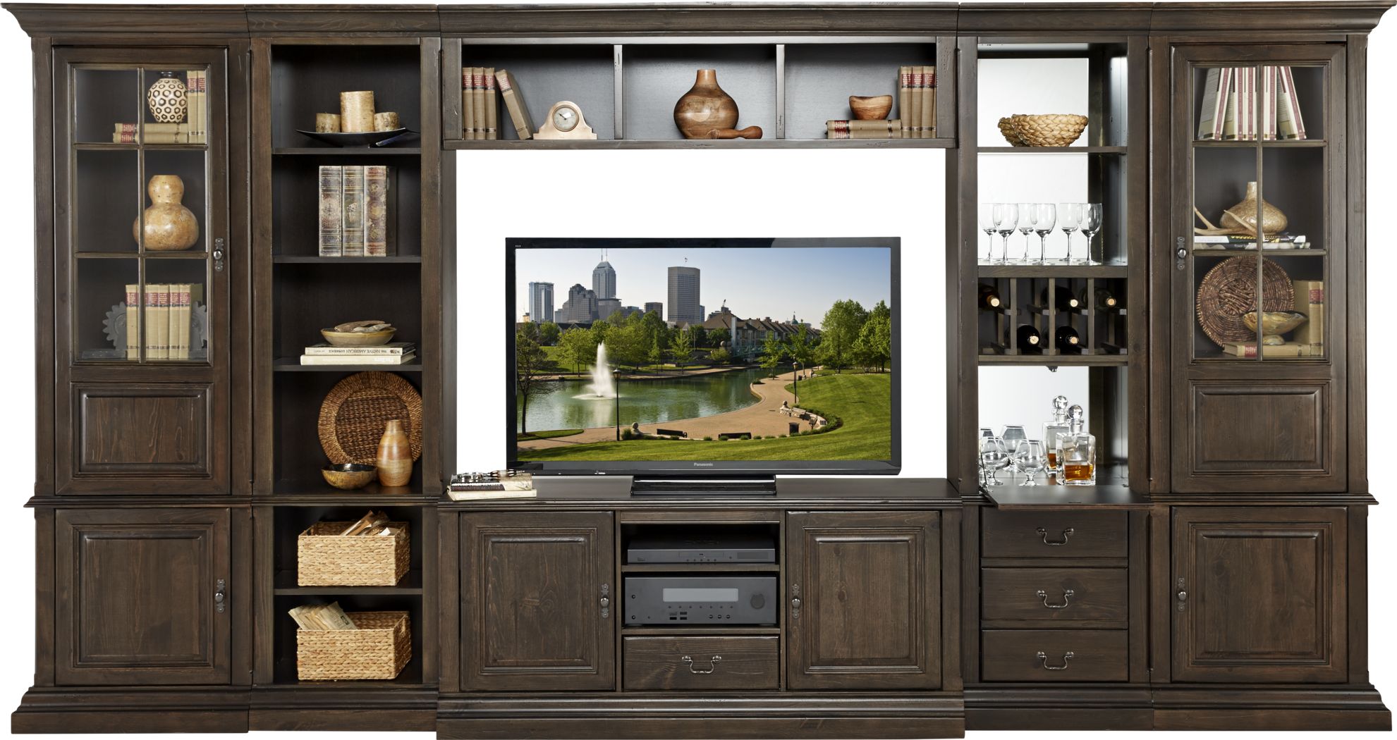 Cole Valley Walnut 6 Pc Wall Unit with Bar Pier and Display Piers