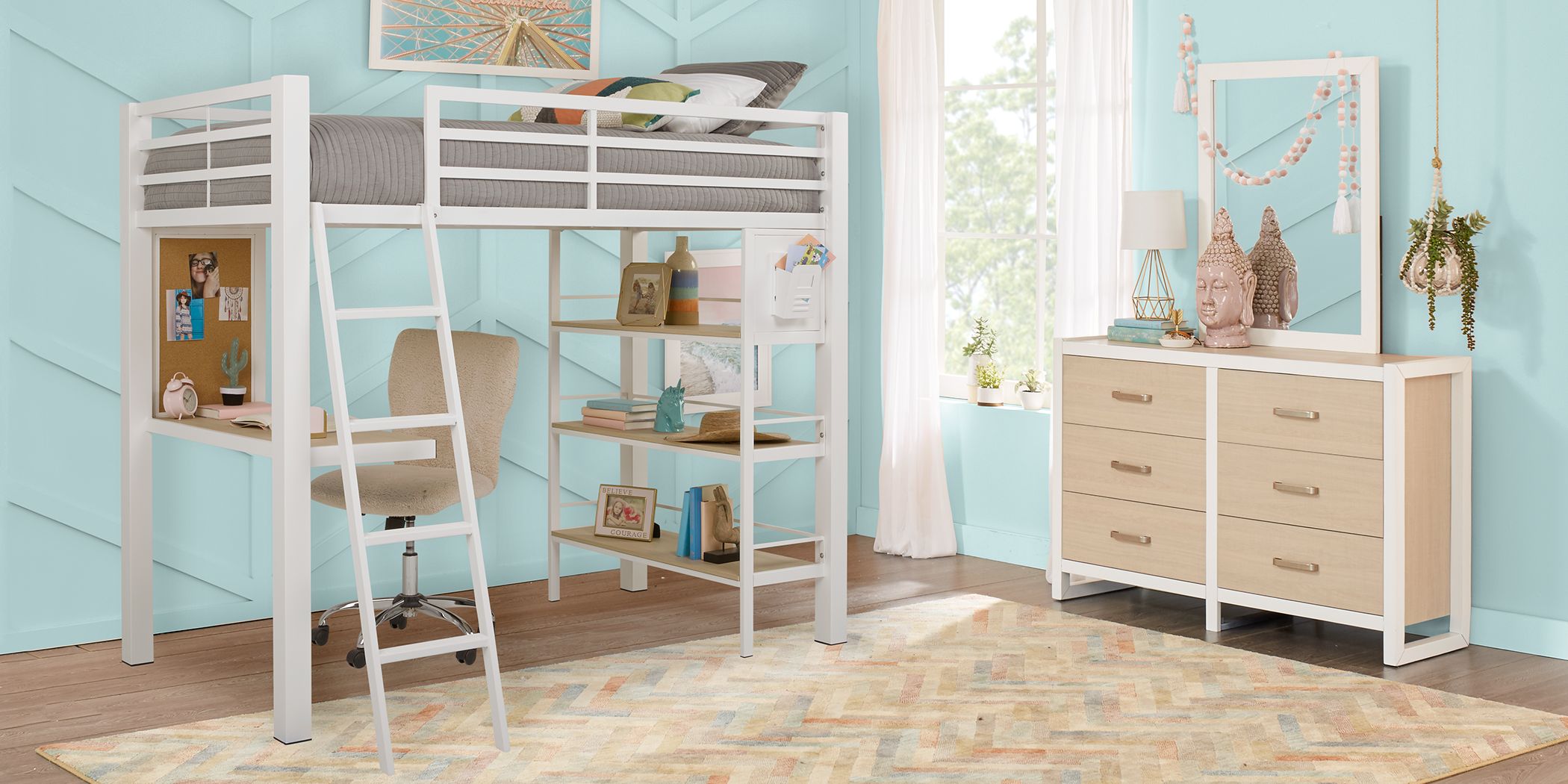 white loft bed with desk