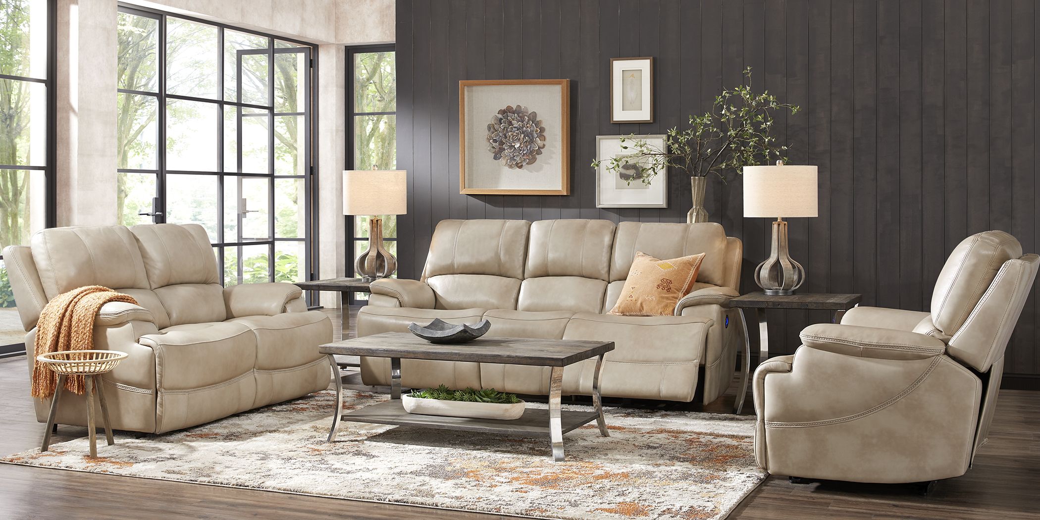 Colorado River Beige 3 Pc Leather Living Room with Reclining Sofa ...