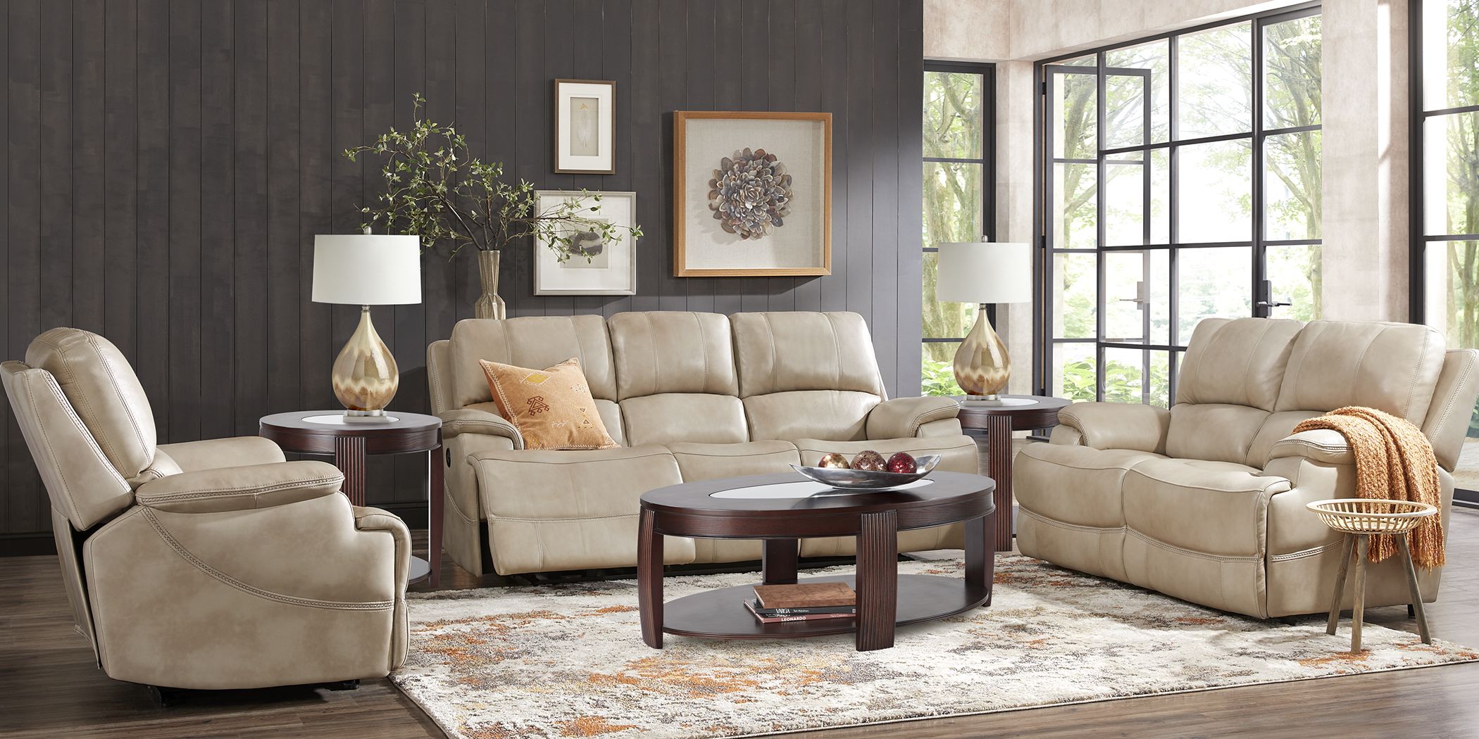 Colorado River Beige 5 Pc Leather Living Room with Reclining Sofa ...