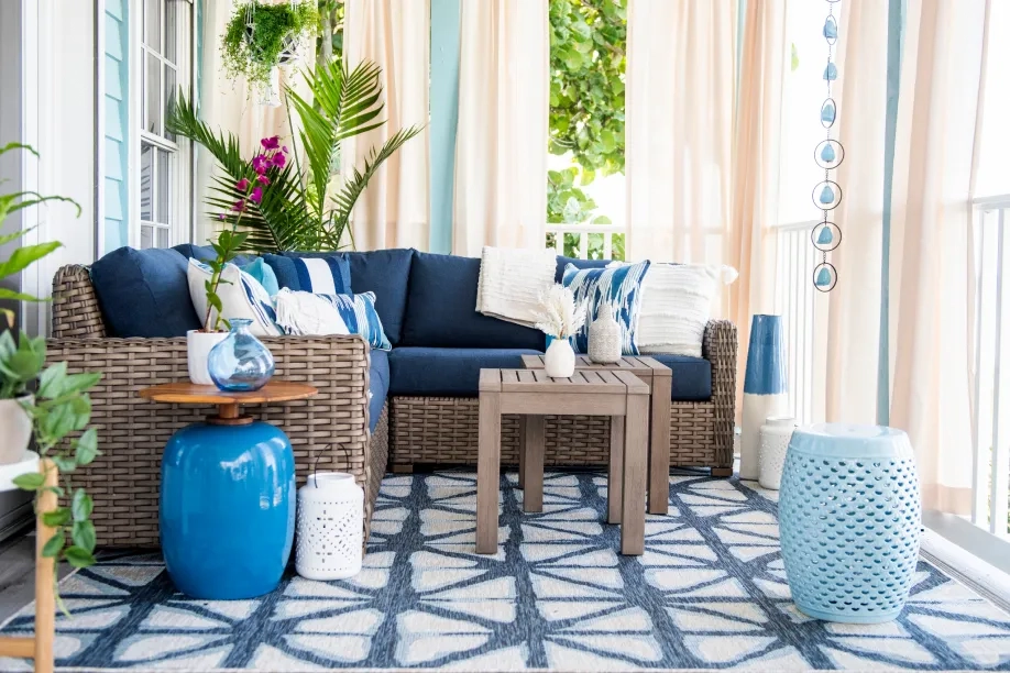 blue and white patio set