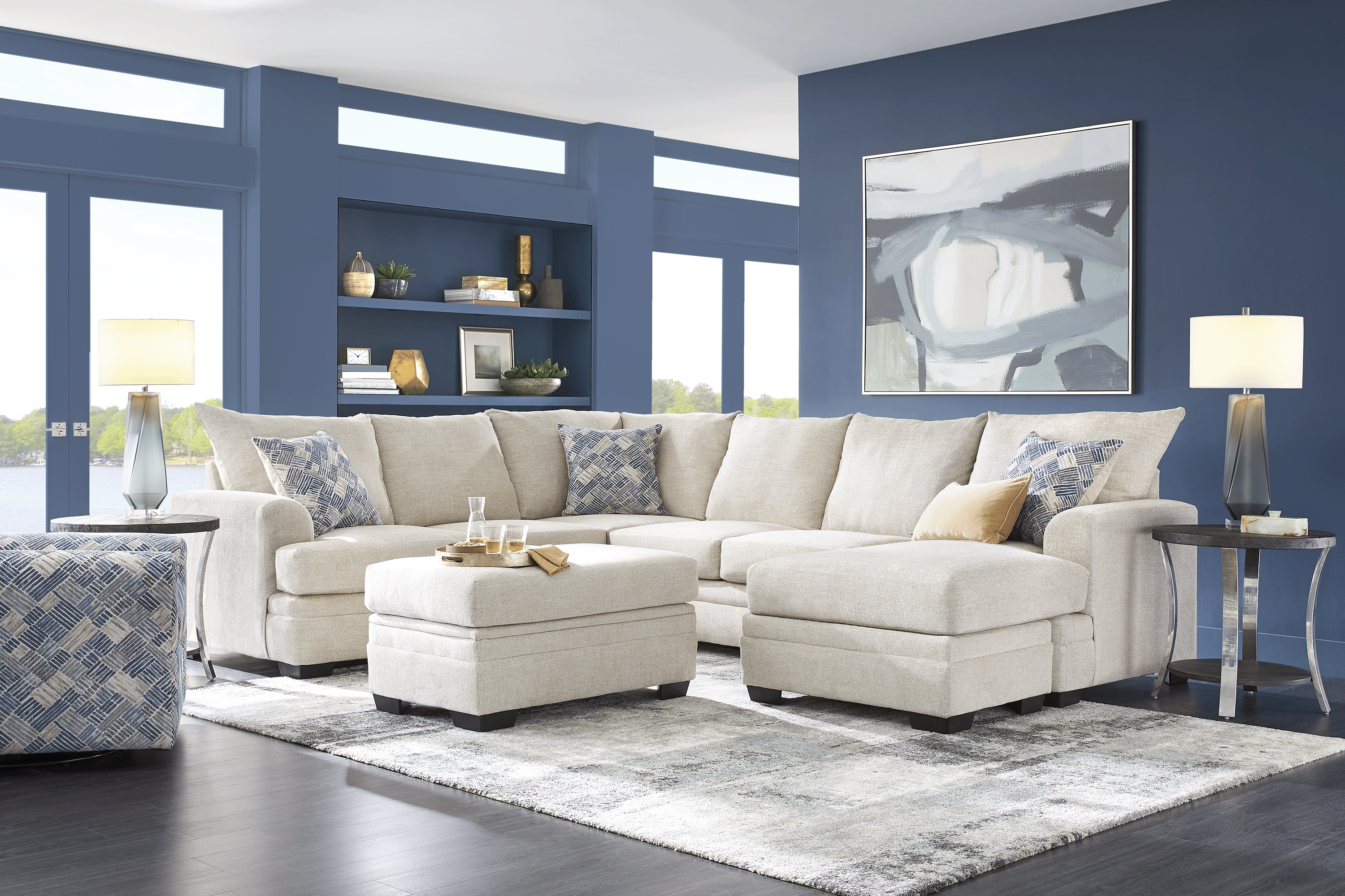 Copley Court Parchment Beige Chenille Fabric 2 Pc With Right Chaise Arm