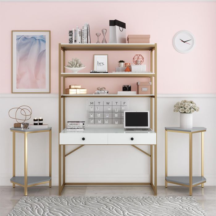 CosmoLiving Billie Metal Desk Etagere White and Gold