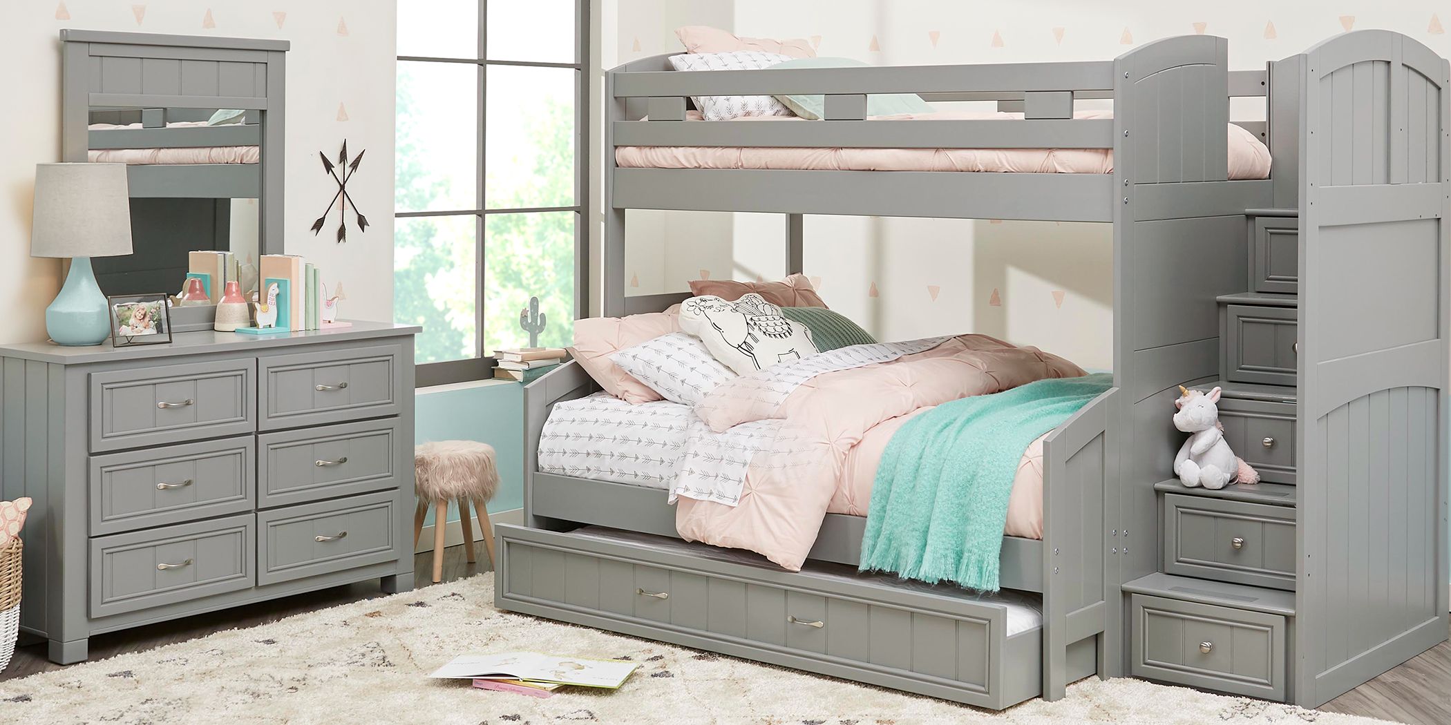 staggered bunk beds with storage