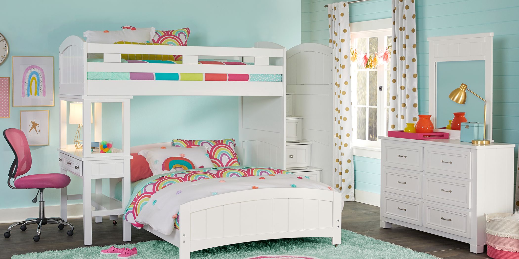 White Twin Full Step Bunk With Desk, Cottage Colors Collection Bunk Bed