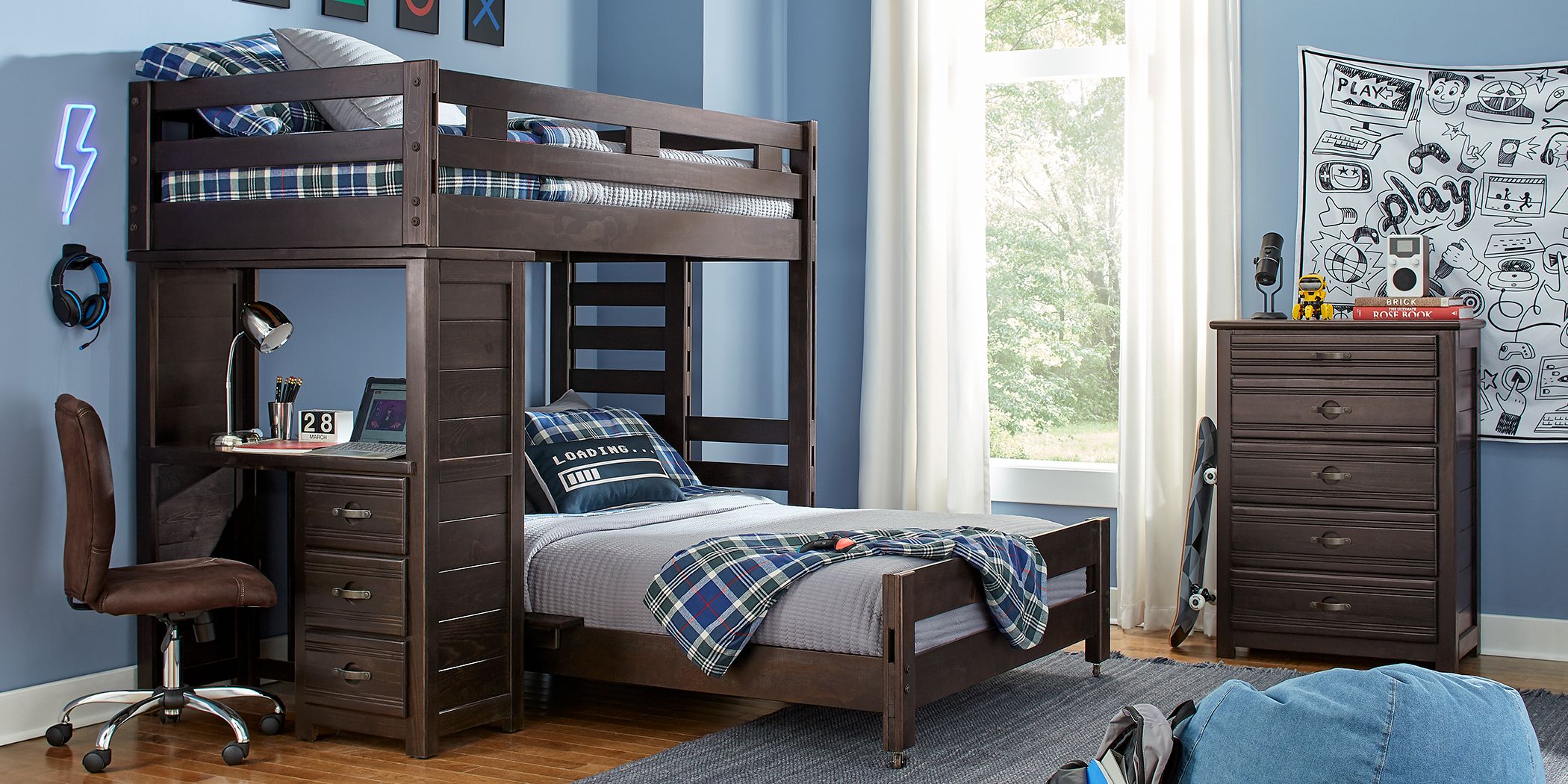 girls bunk bed with desk