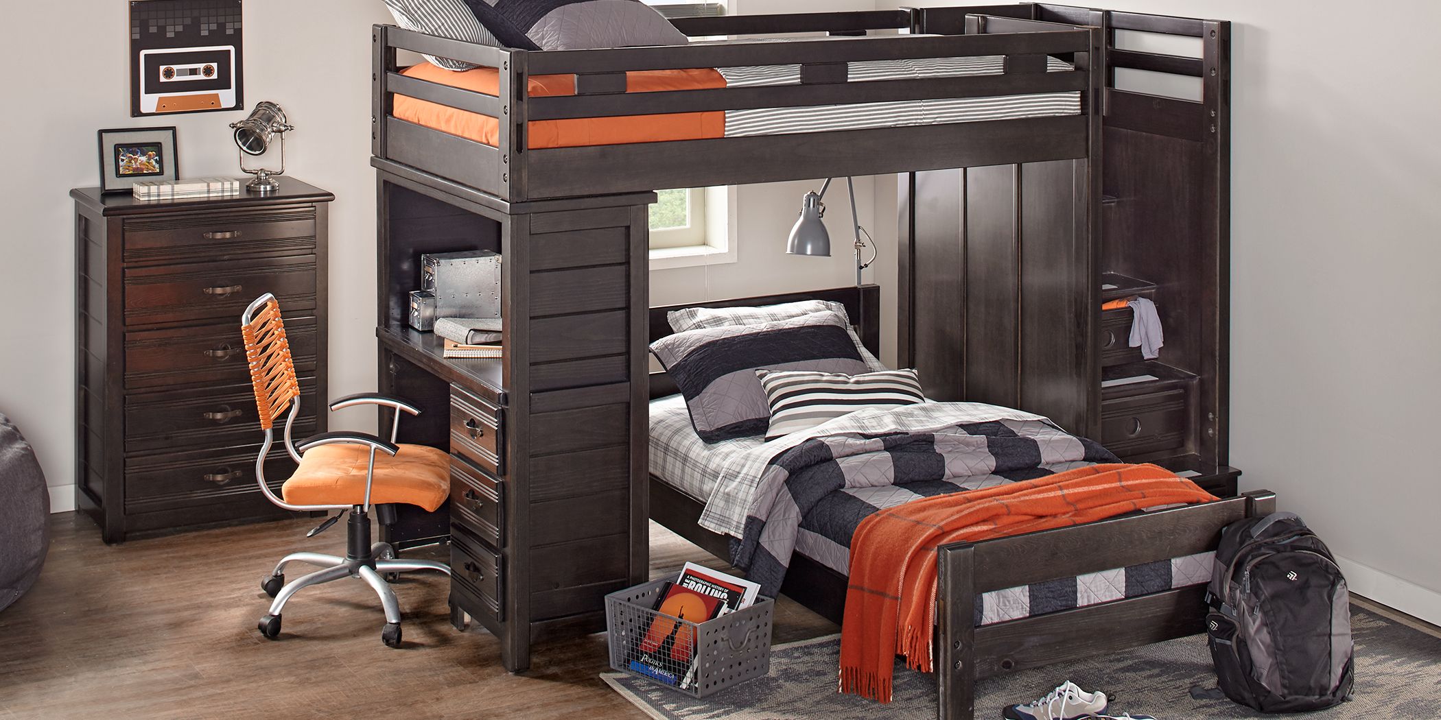 kid bunk bed with desk underneath