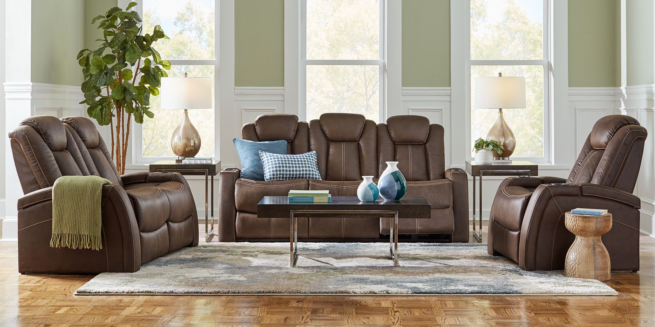 Crestline Brown 5 Pc Living Room with Dual Power Reclining Sofa Rooms