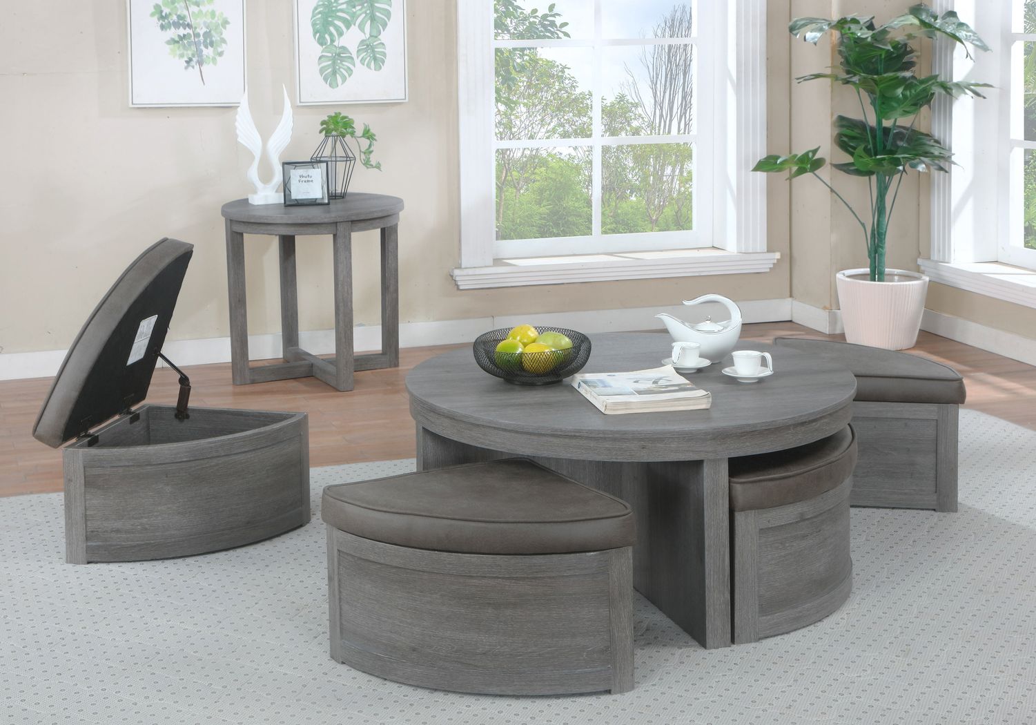 Darien Gray 3 Pc Table Set With Storage Ottomans Rooms To Go