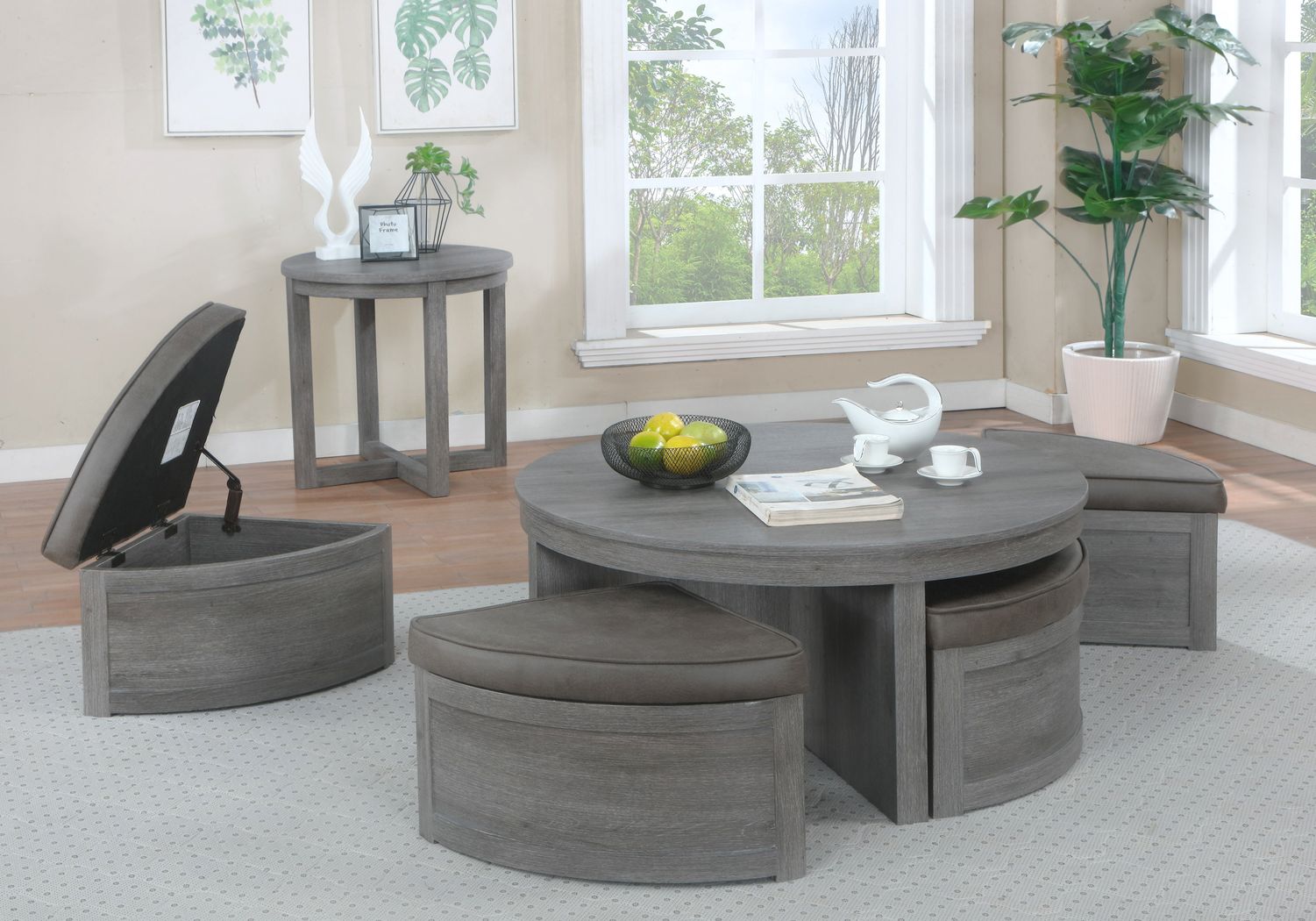 Darien Gray 3 Pc Table Set with Storage Ottomans Rooms To Go