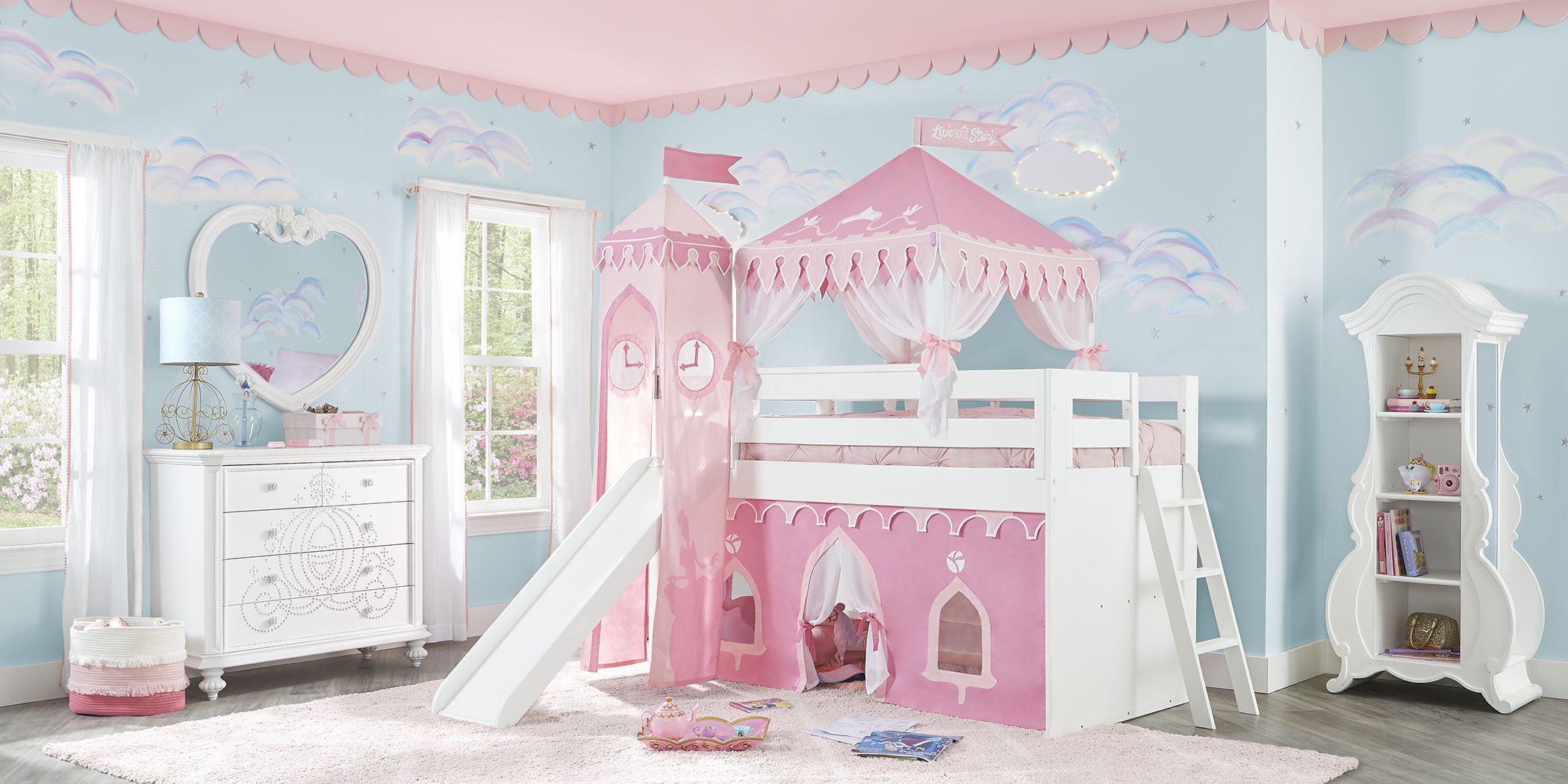 Disney Princess Fairytale White Loft Bed with Slide and Tower - Rooms To Go