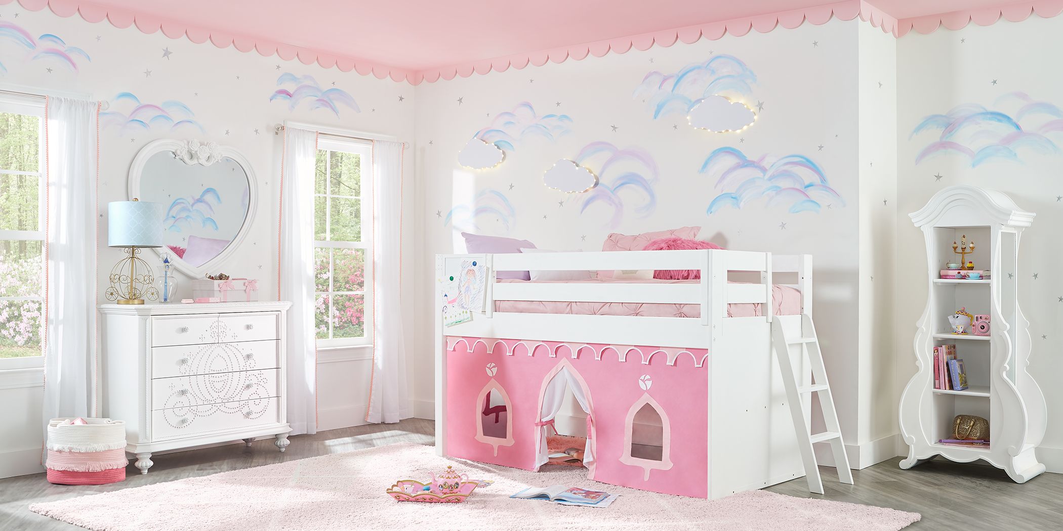 Disney Princess Fairytale White Loft Bed with Whiteboard Rooms To Go