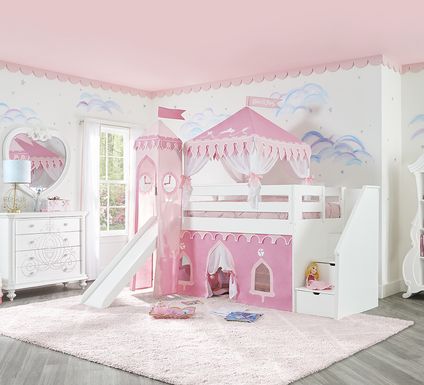 Disney Princess Fairytale White Step Loft Bed with Slide and Tower