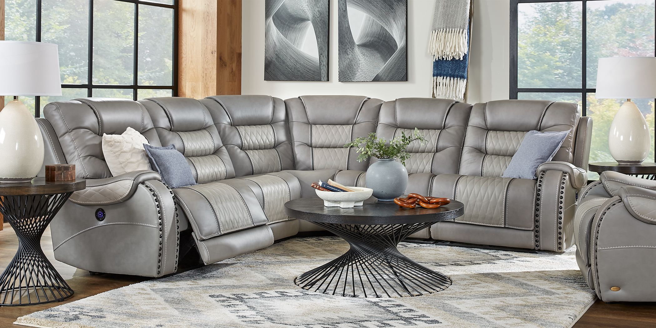 Gray Leather Living Room Furniture Sets   Eric Church Highway To Home Headliner Gray Leather 5 Pc Dual Power Reclining Sectional 1998937P Image Room