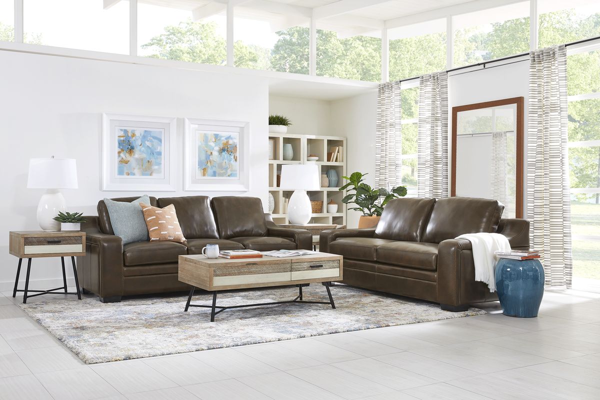 Brown Leather Couch with Gray Pillows - Transitional - Living Room