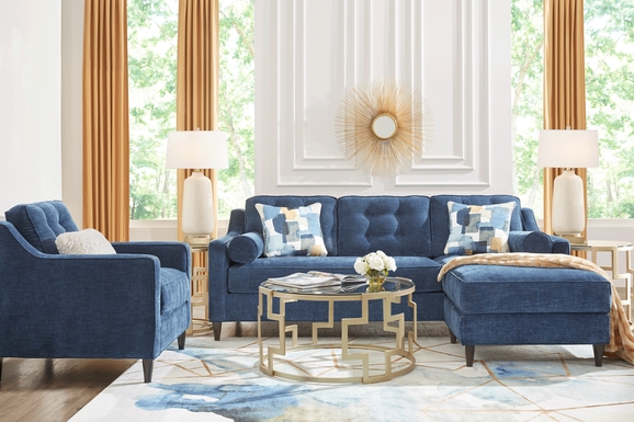 Cindy Crawford Hanover Indigo Blue Chenille Fabric Chaise Sofa | Rooms ...