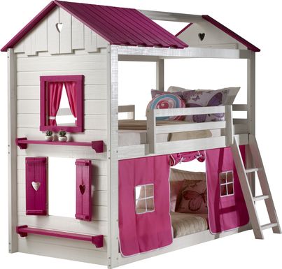 Heartbeat Cottage White Twin/Twin Bunk Bed with Pink Fabric