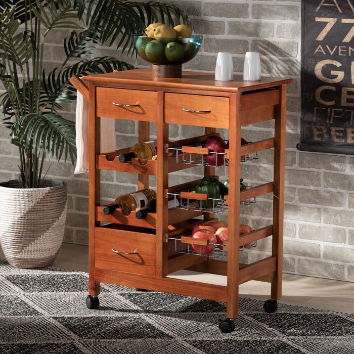 wooden bar cart with drinks and snacks