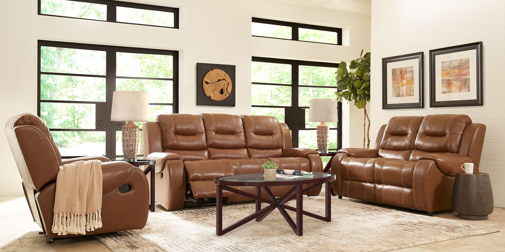 High Plains Saddle Leather 5 Pc Living Room with Reclining Sofa - Rooms