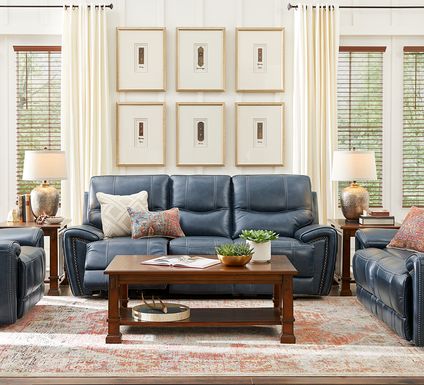 Italo Blue Leather 2 Pc Living Room with Reclining Sofa