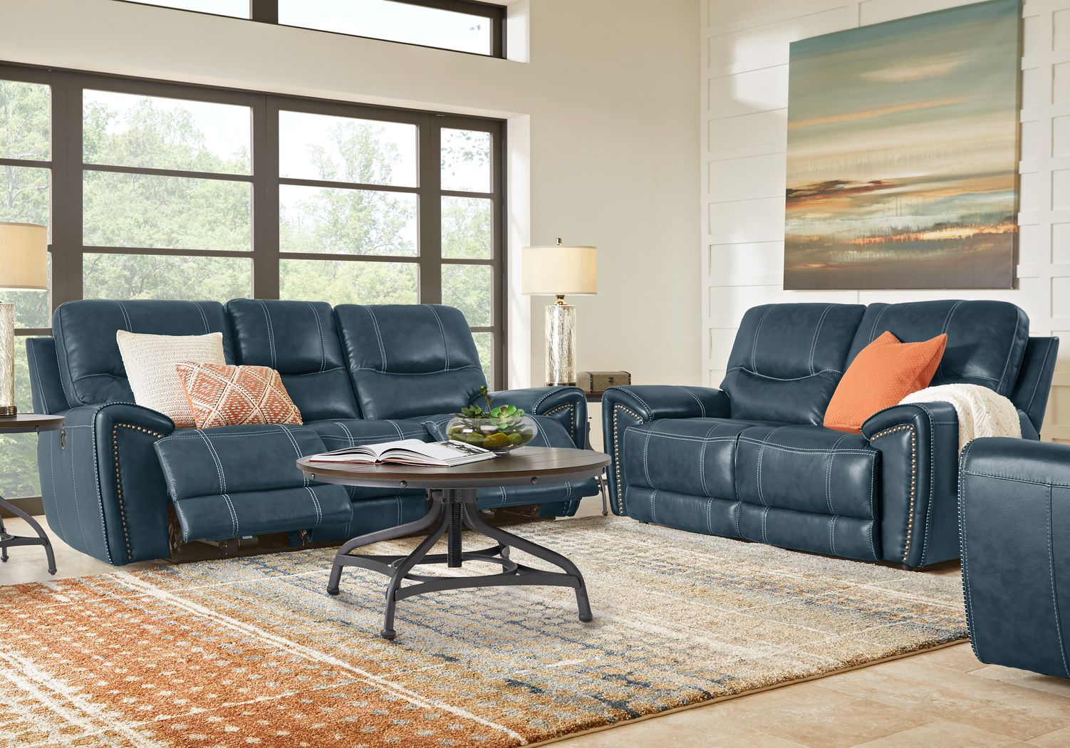 Italo Blue Leather 3 Pc Living Room with Reclining Sofa
