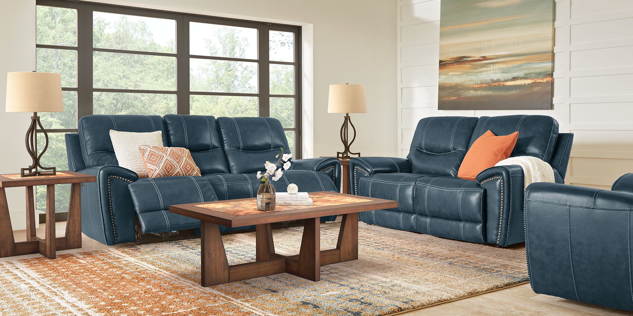 Italo Blue Leather 3 Pc Living Room with Reclining Sofa Rooms To Go