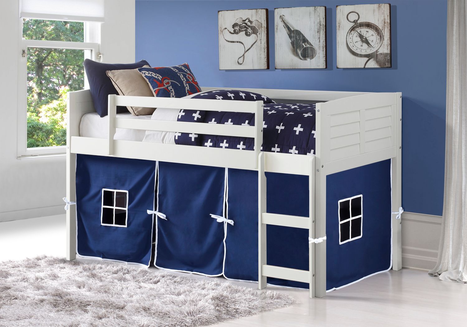 Kids Camp Hideaway White Twin Jr. Loft Bed with Blue Tent Rooms To Go