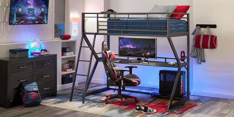 Kids Carbon Optix Black Twin Gaming Loft Bed with LED Lights and Accessories