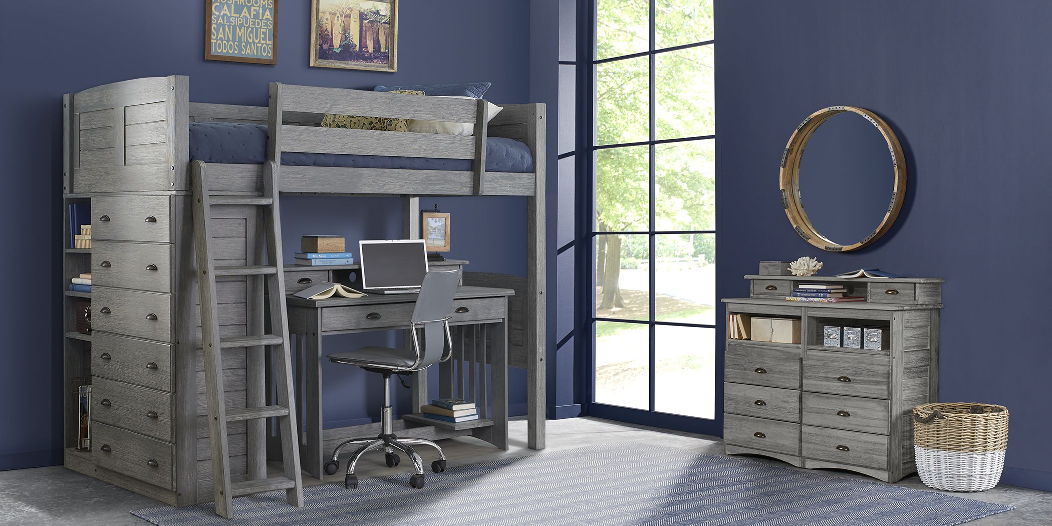 Kids Portside Gray Twin Loft Bed with Desk and Hutch Rooms To Go