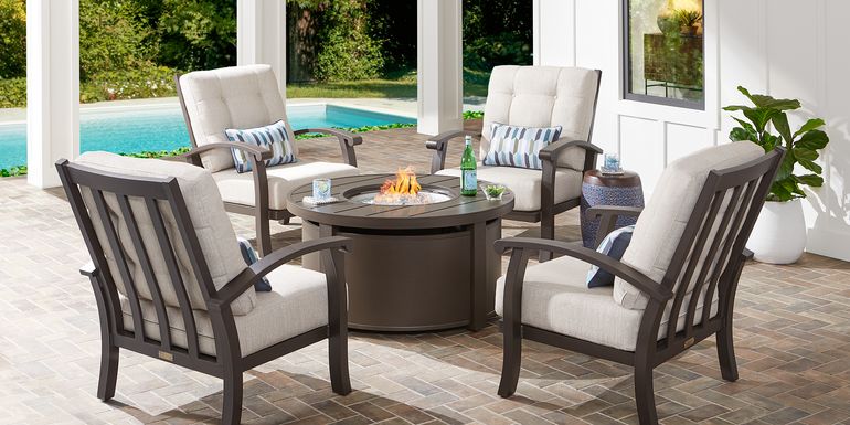 Lake Breeze Aged Bronze 5 Pc Fire Pit Seating Set with Parchment Cushions