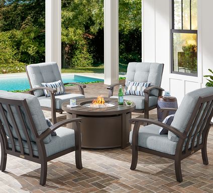 Lake Breeze Aged Bronze 5 Pc Fire Pit Seating Set with Seafoam Cushions