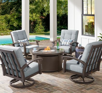 Lake Breeze Aged Bronze 5 Pc Fire Pit Seating Set with Swivel Chairs and Seafoam Cushions