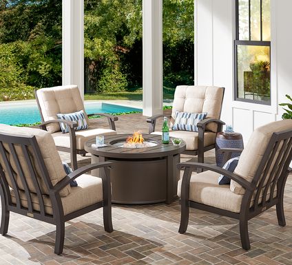Lake Breeze Aged Bronze 5 Pc Fire Pit Seating Set with Wren Cushions