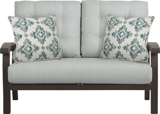 Lake Breeze Aged Bronze Outdoor Loveseat With Rollo Seafoam Cushions