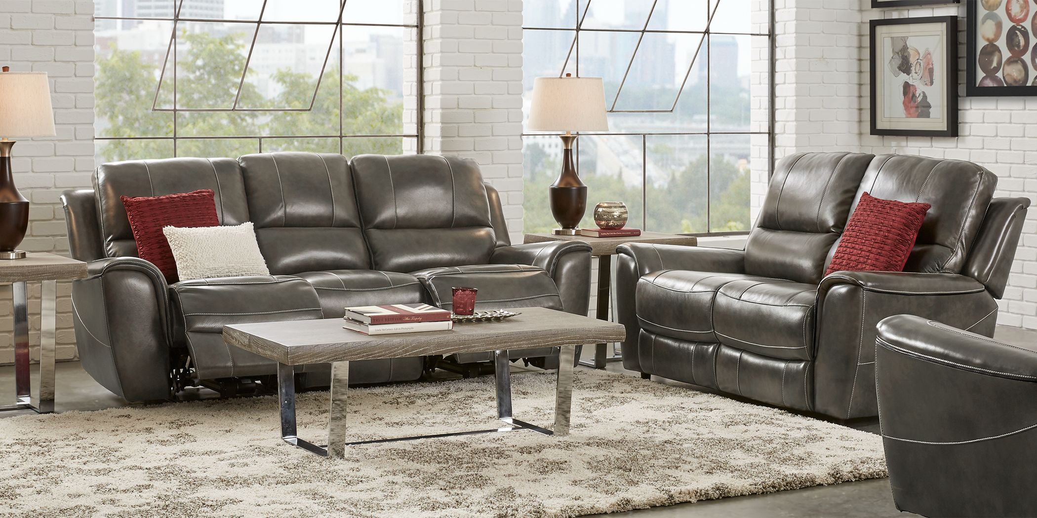 Https Wwwroomstogocom Furniture Product Lanzo Gray Leather 3 Pc Living Room With Reclining Sofa 1152880P