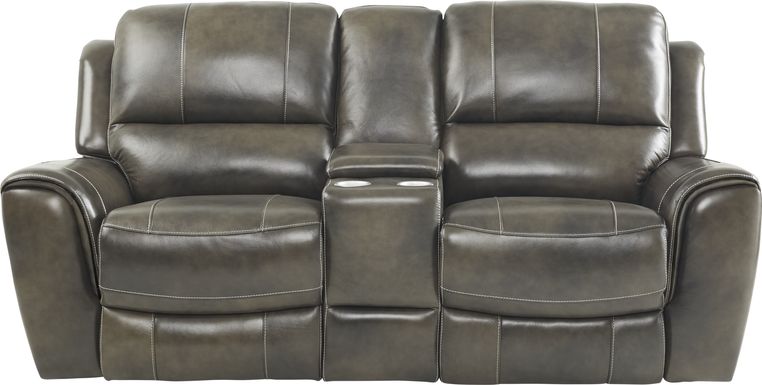 Lanzo Gray Leather Dual Power Reclining Console Loveseat