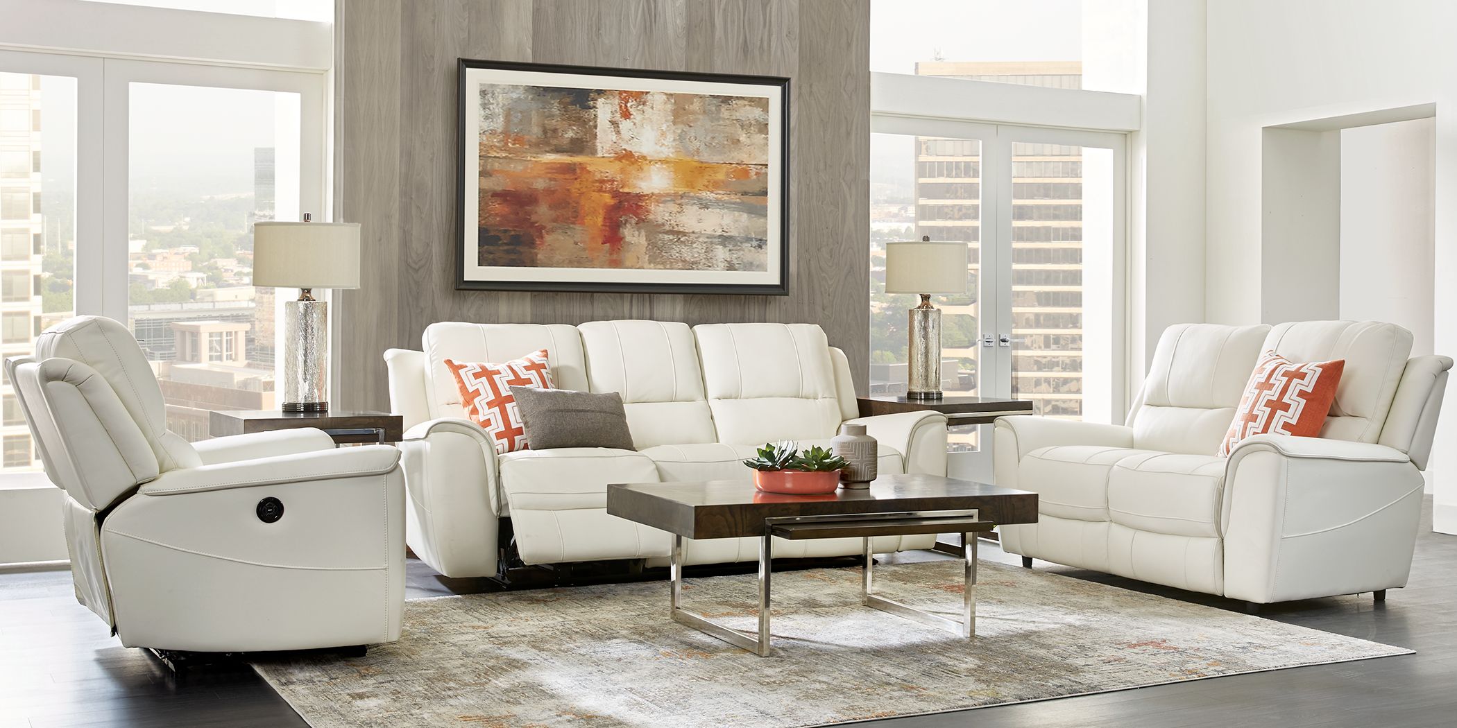 Living Room With Reclining Sofa, Off White Leather Recliners