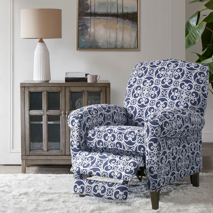 blue patterened recliner chair