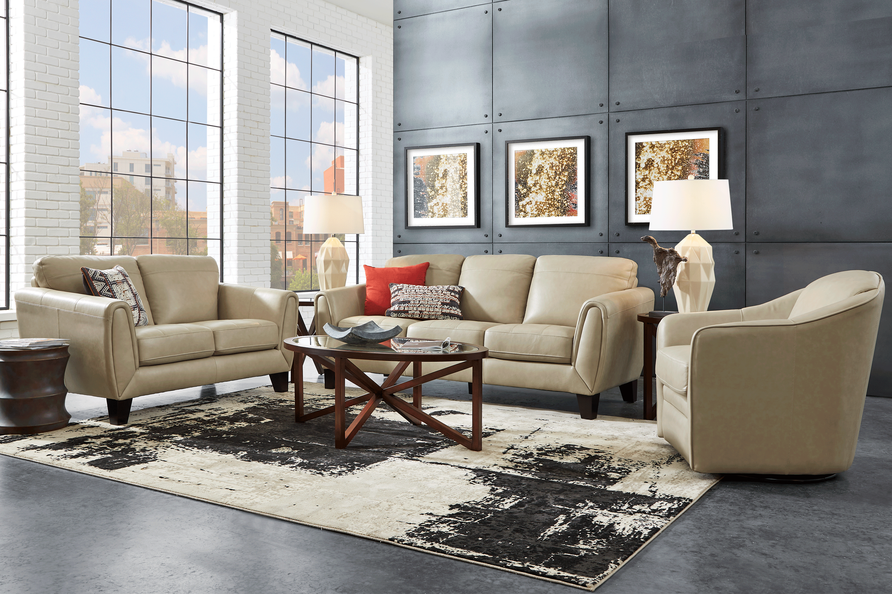 Livorno Lane 5 Pc Stone Beige Leather Living Room Set With Sofa ...