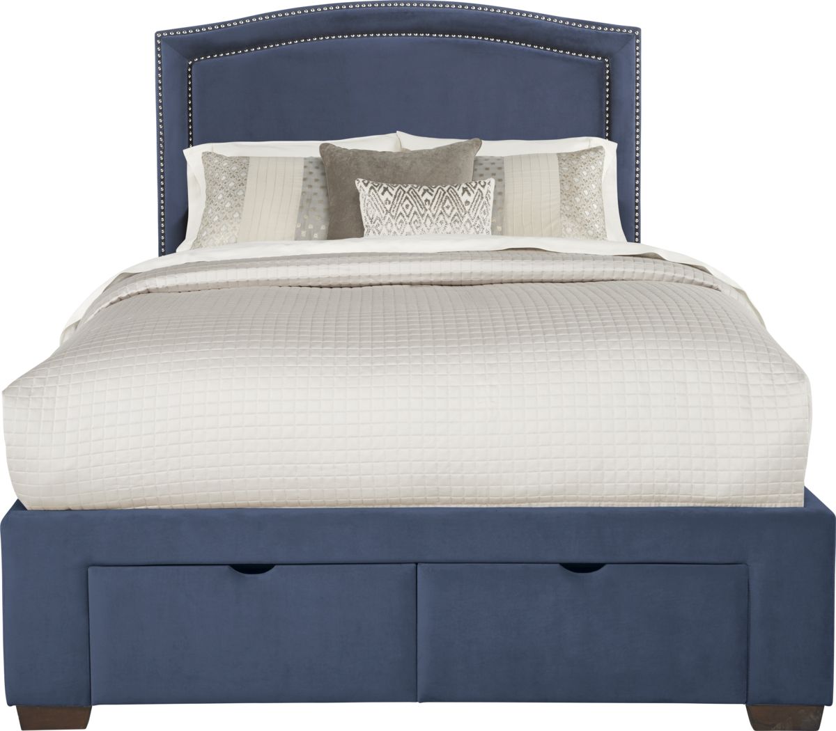 Loden Navy 3 Pc Queen Upholstered Bed with 2 Drawer Storage Rooms To Go