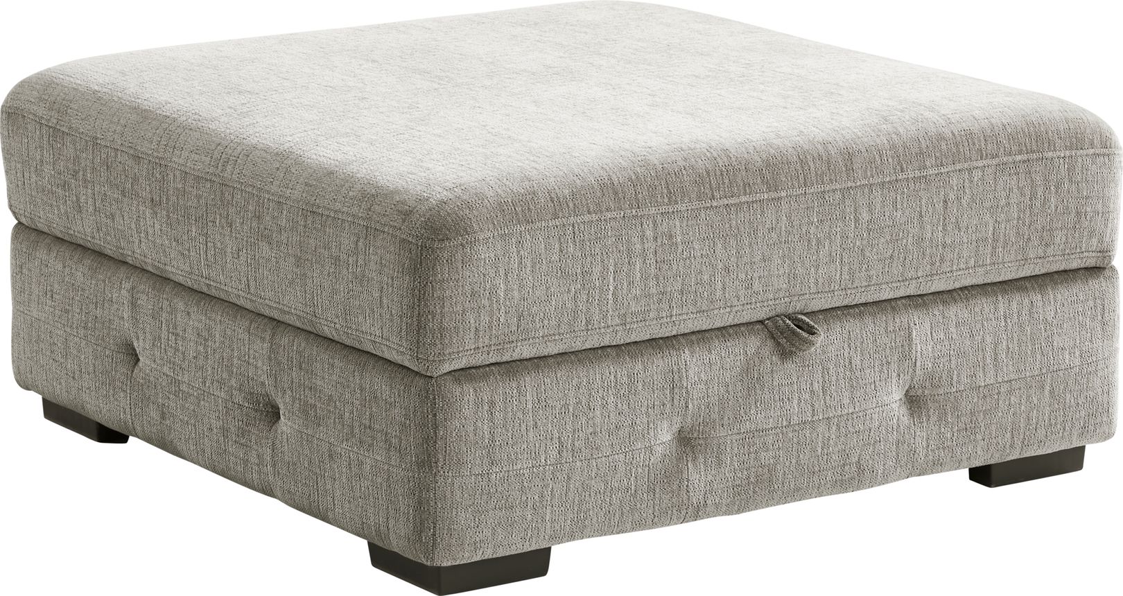 Photo of tan fabric storage ottoman with lid raised and blankets inside