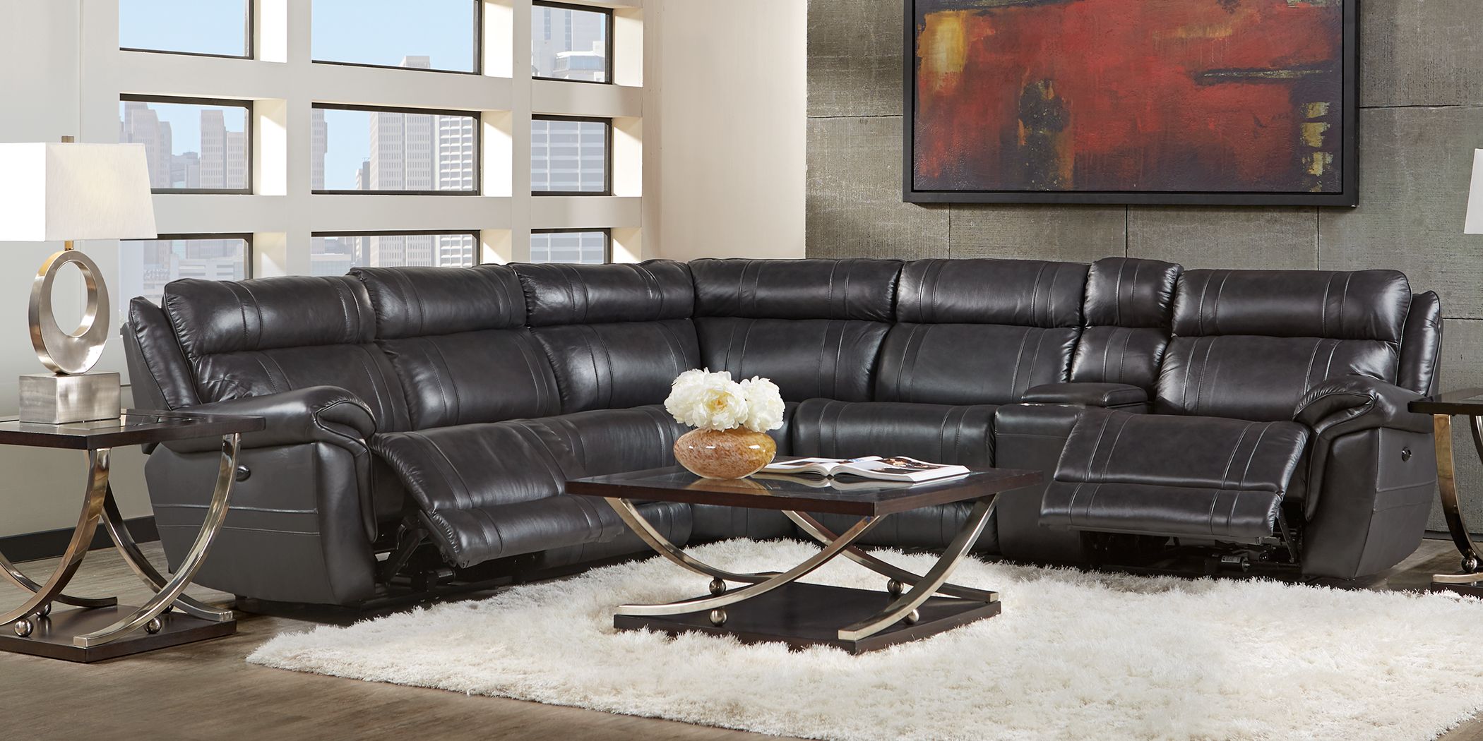 Martino Black 6 Pc Leather Reclining Sectional - Rooms To Go