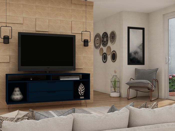 navy blue tv console with white accents