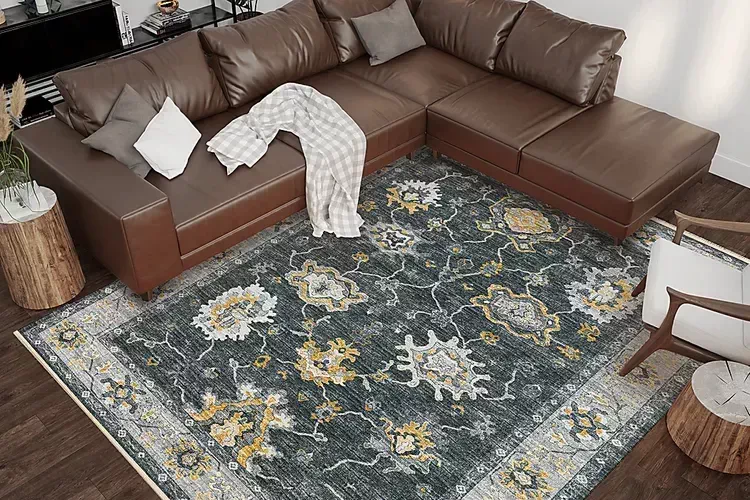 Living room featuring leather sectional and patterned area rug