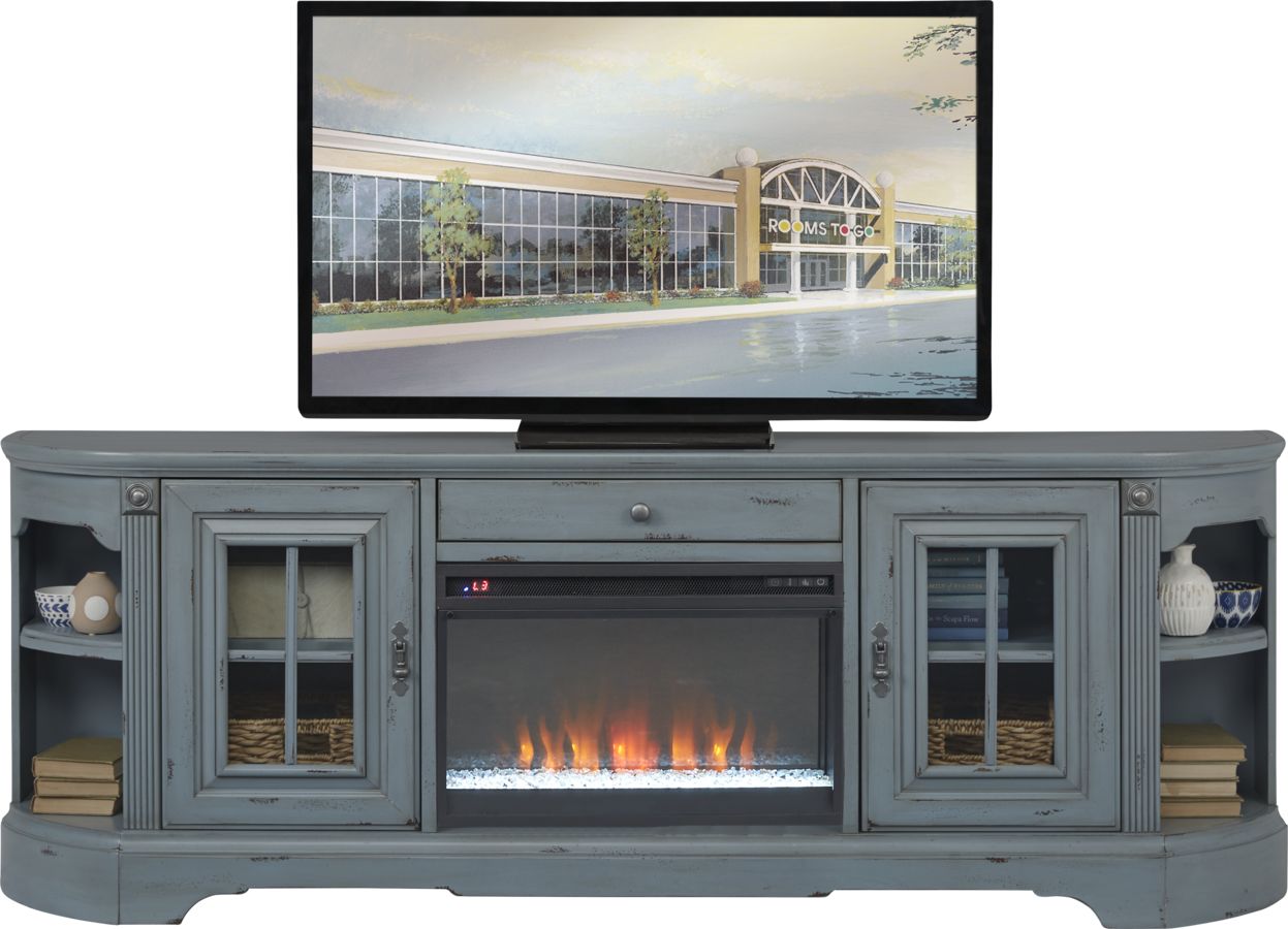 Blue entertainment deals center with fireplace