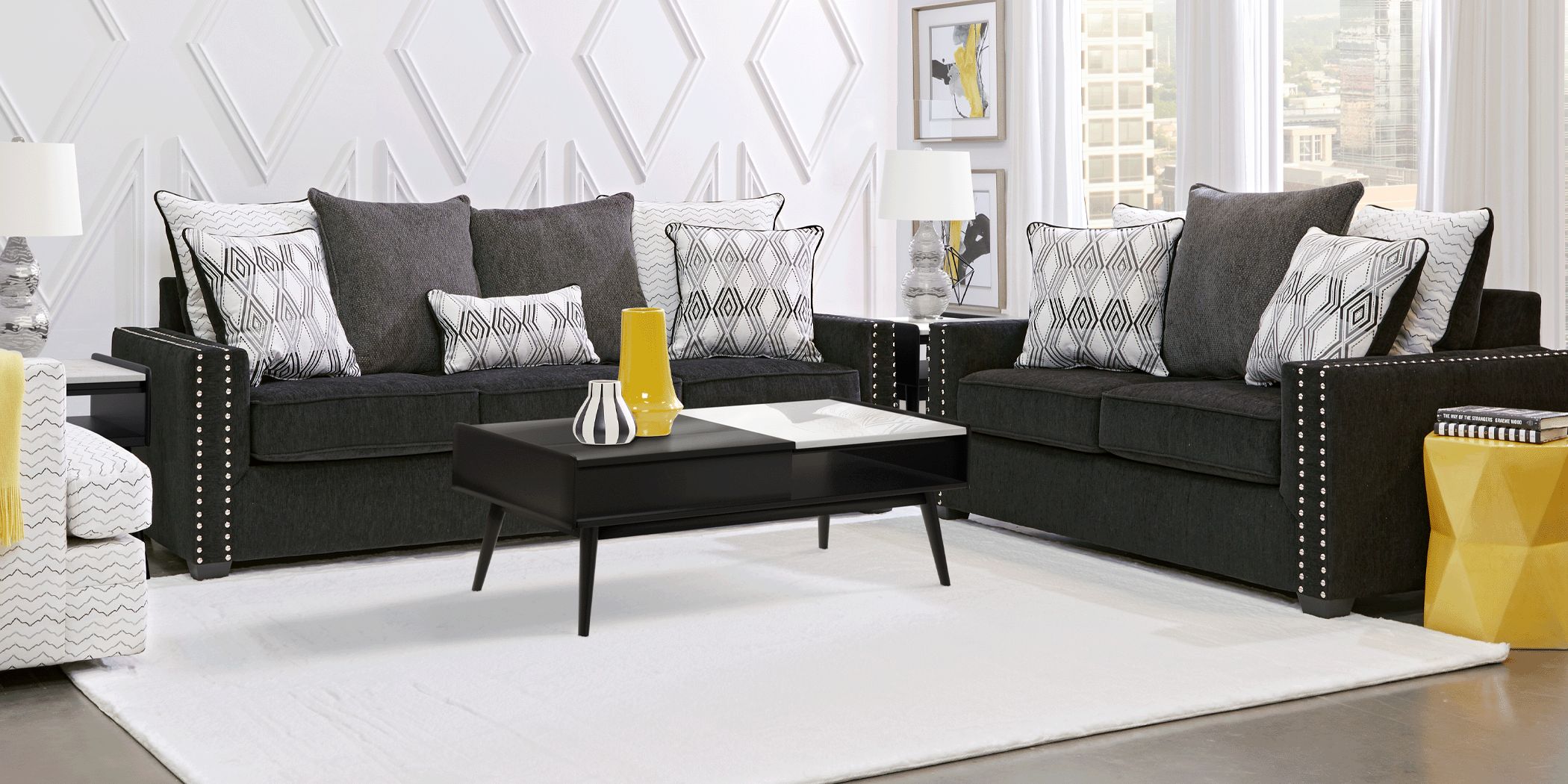 Https Wwwroomstogocom Furniture Product Natalia Black 8 Pc Living Room 1012114P