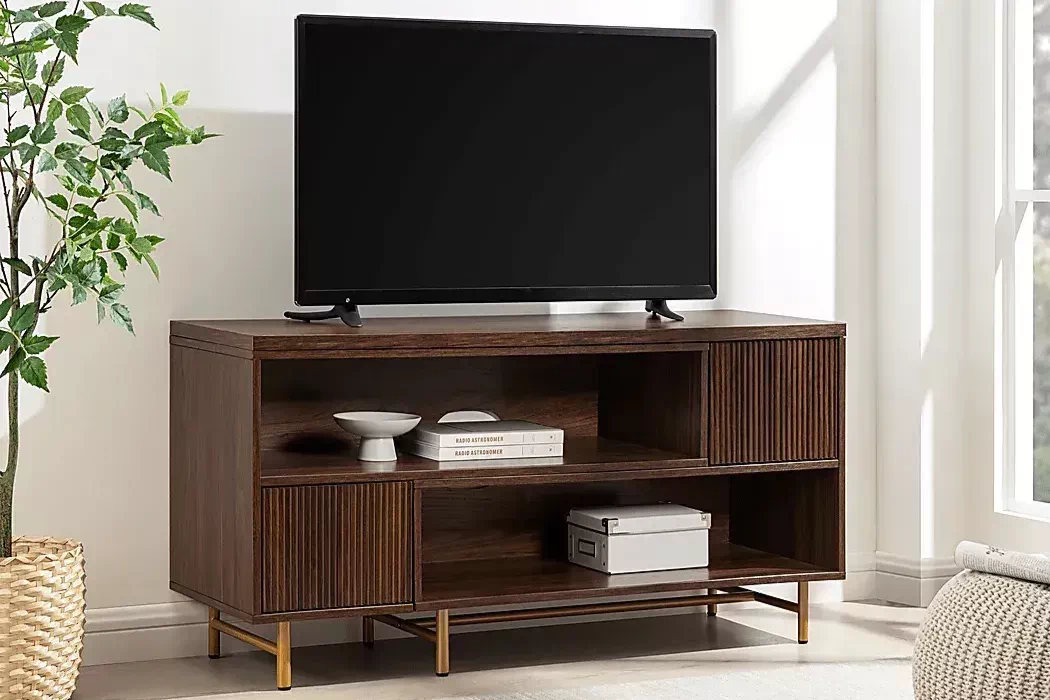 Walnut TV console with open storage compartments